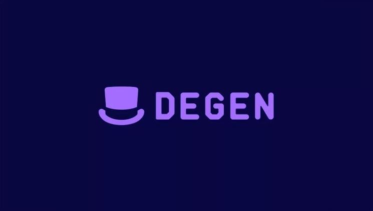 Fundo roxo com o nome e símbolo da criptomoeda Degen (DEGEN).