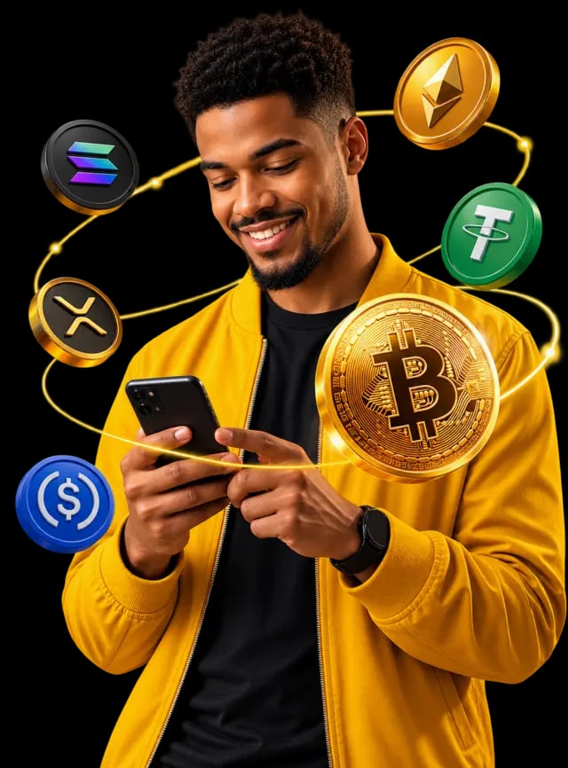 Homem segurando um spartphone com simbolos de criptomoedas ao redor dele.