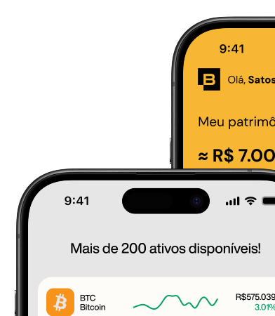 Imagem do app Bitybank e listagem de ativos disponíveis