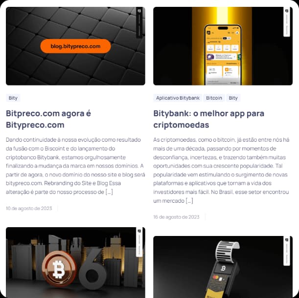 Image de um artigo informando que BitPreco.com se tornou a BityPreco.com após a fusão das empresas e que no BityBank existe o melhor App para comprar criptomoeda