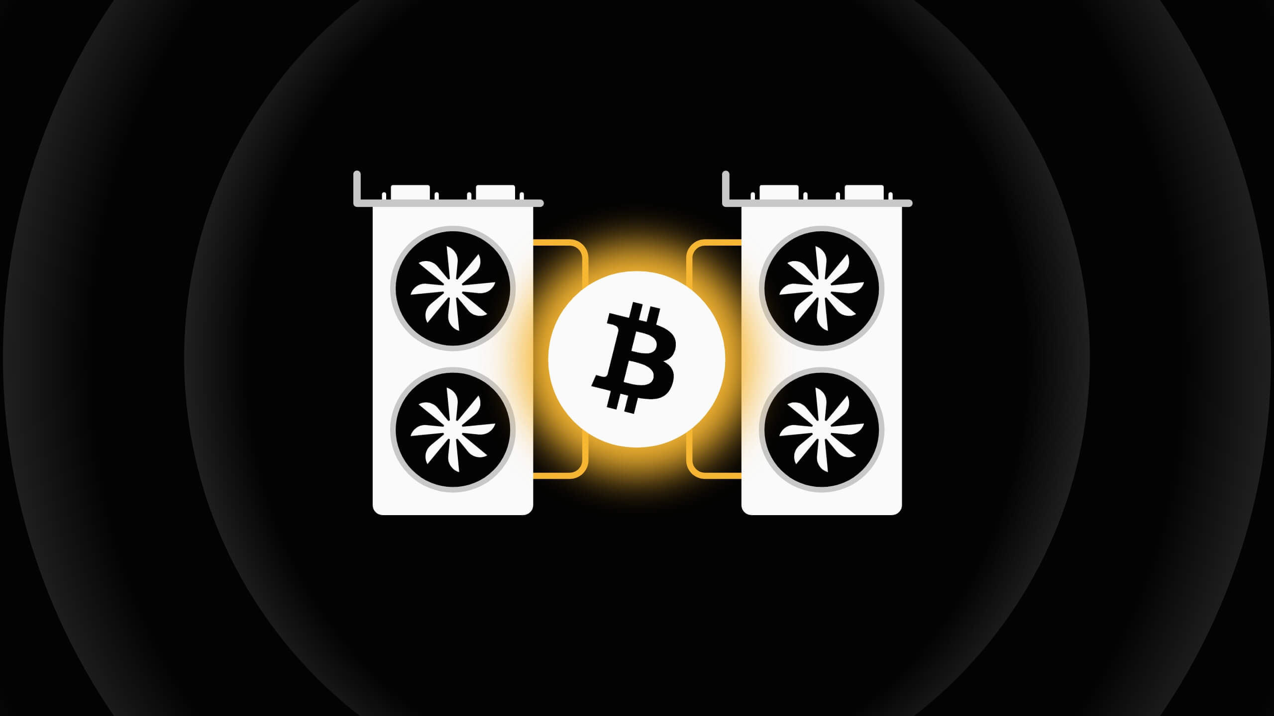 Ao centro moeda de Bitcoin ligada a coolers laterais que simbolizam fazendas de bitcoin