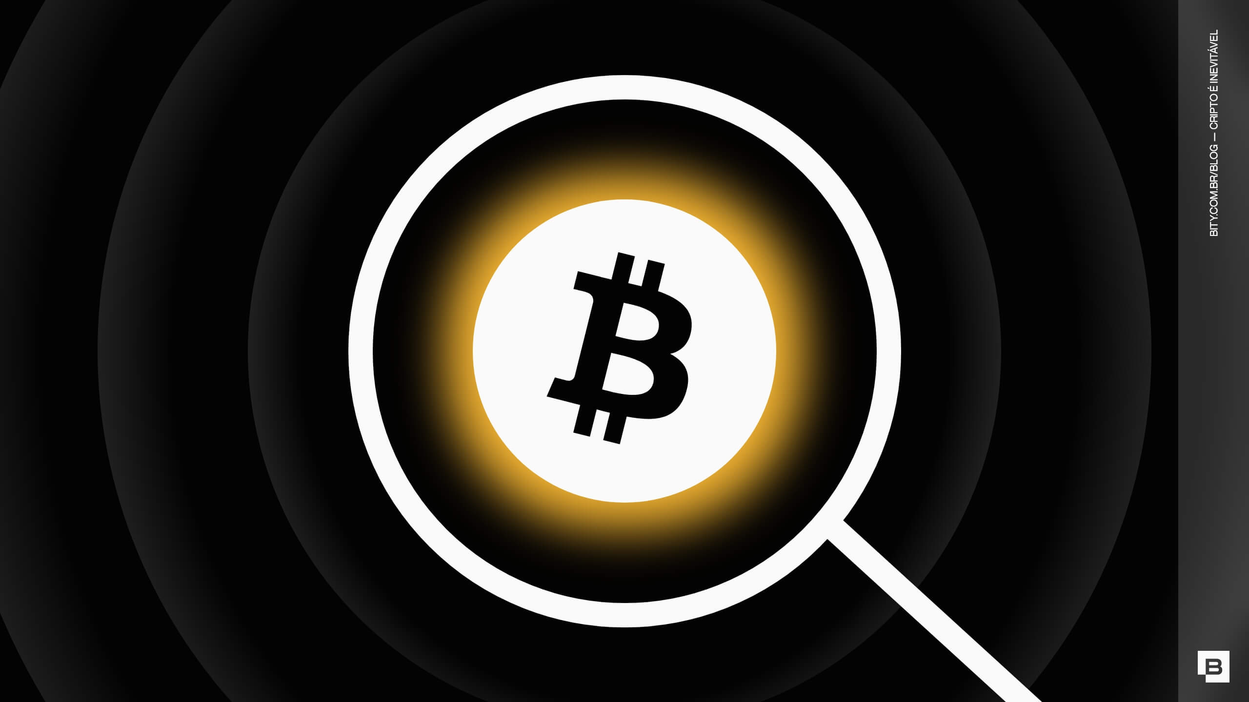 Lupa sobre o símbolo do Bitcoin