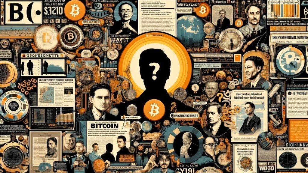 Imagem de um rosto em sombra. Ao redor, tem várias personalidades e notícias sobre bitcoin.