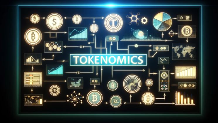 a palavra tokenomics rodeada de gráficos, criptomoedas e simbolos tecnológicos