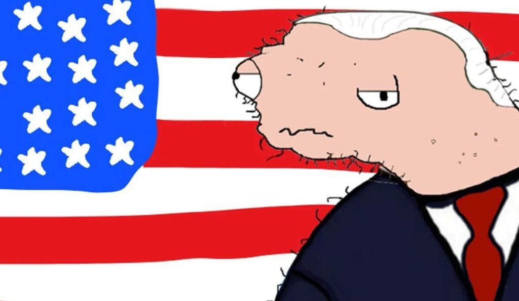 meme do presidente Joe Boden com fundo da bandeira dos EUA