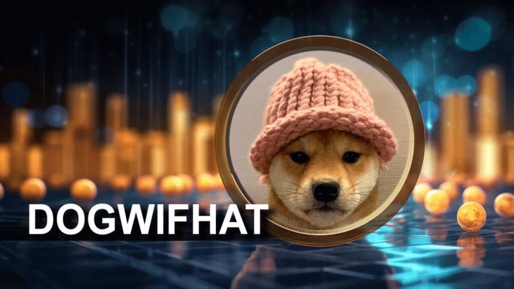 Símbolo da moeda "dogwifhat", um cachorro Shiba Inu com gorro rosa