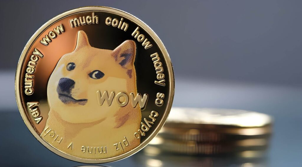 Moeda dourada dogecoin com o símbolo do cachorro Shiba Inu