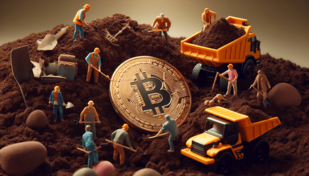 ilustração de homens miniaturas minerando uma moeda de bitcoin