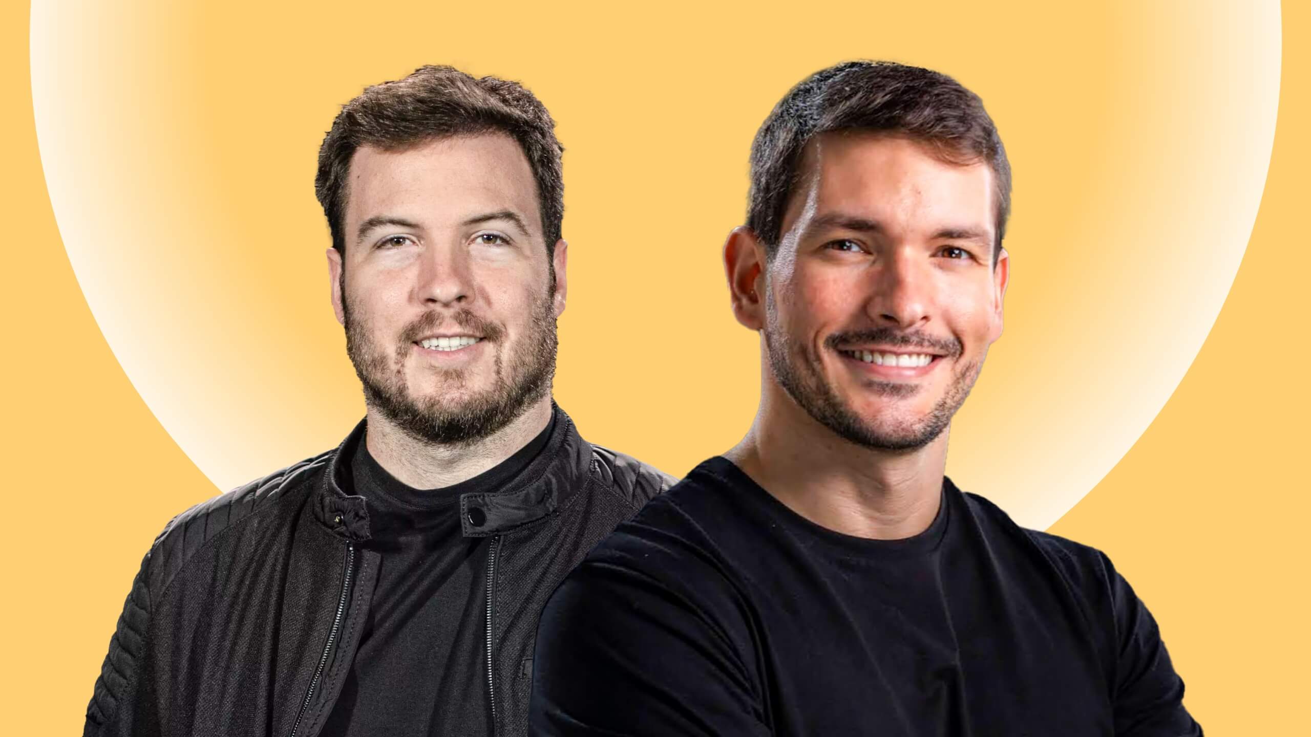 Fundo amarelo com Thiago Nigro e Bruno Perini ao centro, lado a lado, dois brasileiros que ficaram ricos com bitcoin.