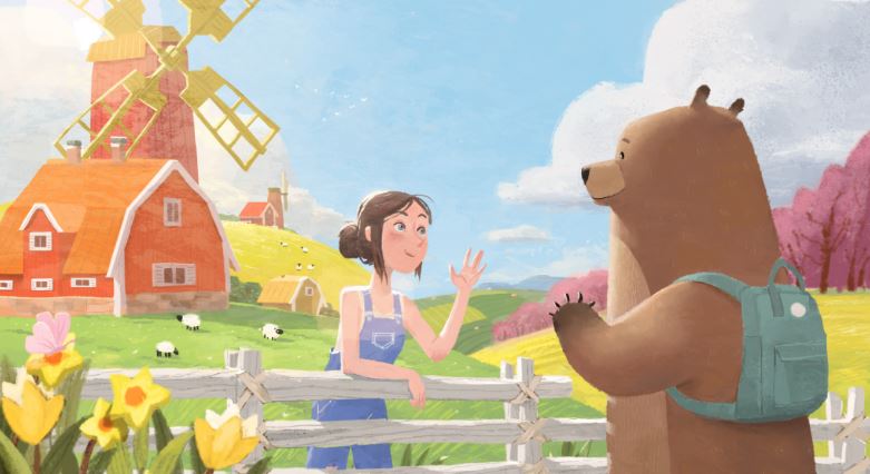 Alice, do jogo Alice, com um urso marrom em uma paisagem de campo com um moinho vermelho ao fundo.