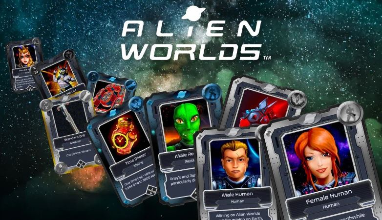 Fundo com paisagem de galáxia. Ao centro escrito "Alien Words" e abaixo as cartas do jogo cripto.
