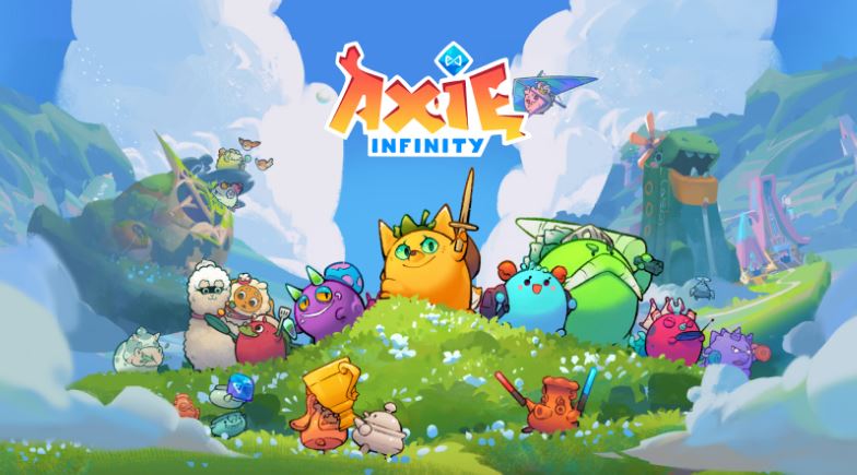 Personagens do jogo Axie Infinity em uma paisagem de campo com nuvens ao redor.