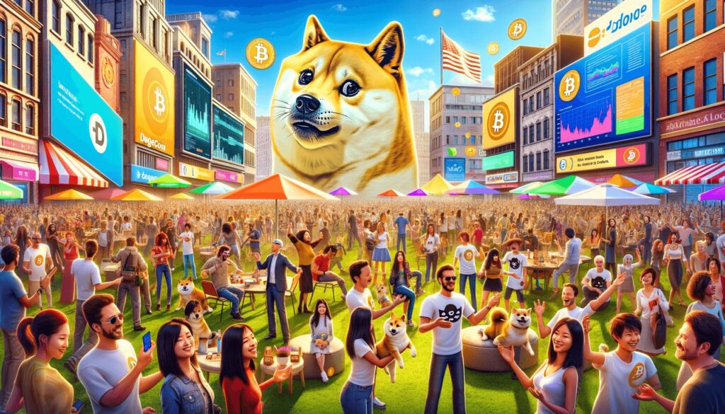 paisagem de uma cidade com várias pessoas felizes com cachorros Shiba Inu, No meio da imagem o cachorro aparece maior na proporção.