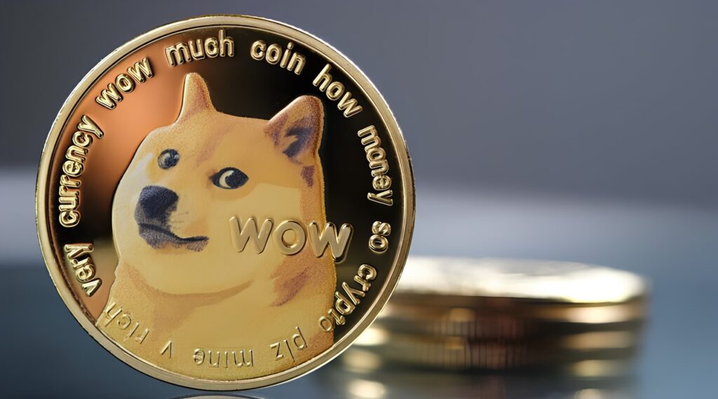 criptomoeda dogecoin (DOGE) dourada com imagem no cachorro Shiba Inu.