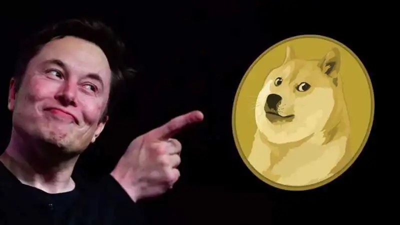 Elon Musk apontando para a moeda dogecoin