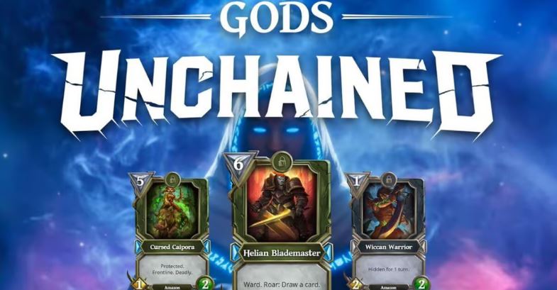 Fundo azul escrito ao centro "Gods, Unchained". Abaixo aparecem três cartas do jogo.