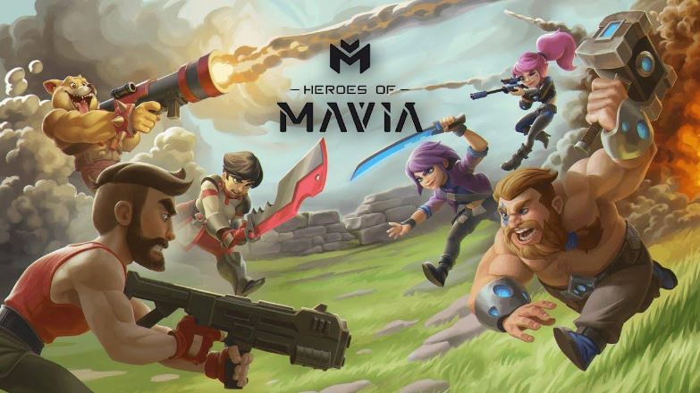 Paisagem de batalha com dois clãs de personagens se enfrentando. Ao centro o nome do jogo cripto "Heroes of Mavia".