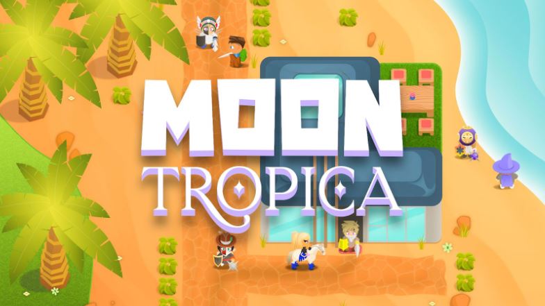 Paisagem de praia vista de cima com os personagens do jogo cripto "Moon Tropica".