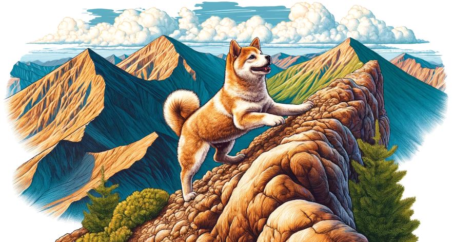 Paisagem de montanhas com um cachorro Shiba Inu no pico de uma delas.
