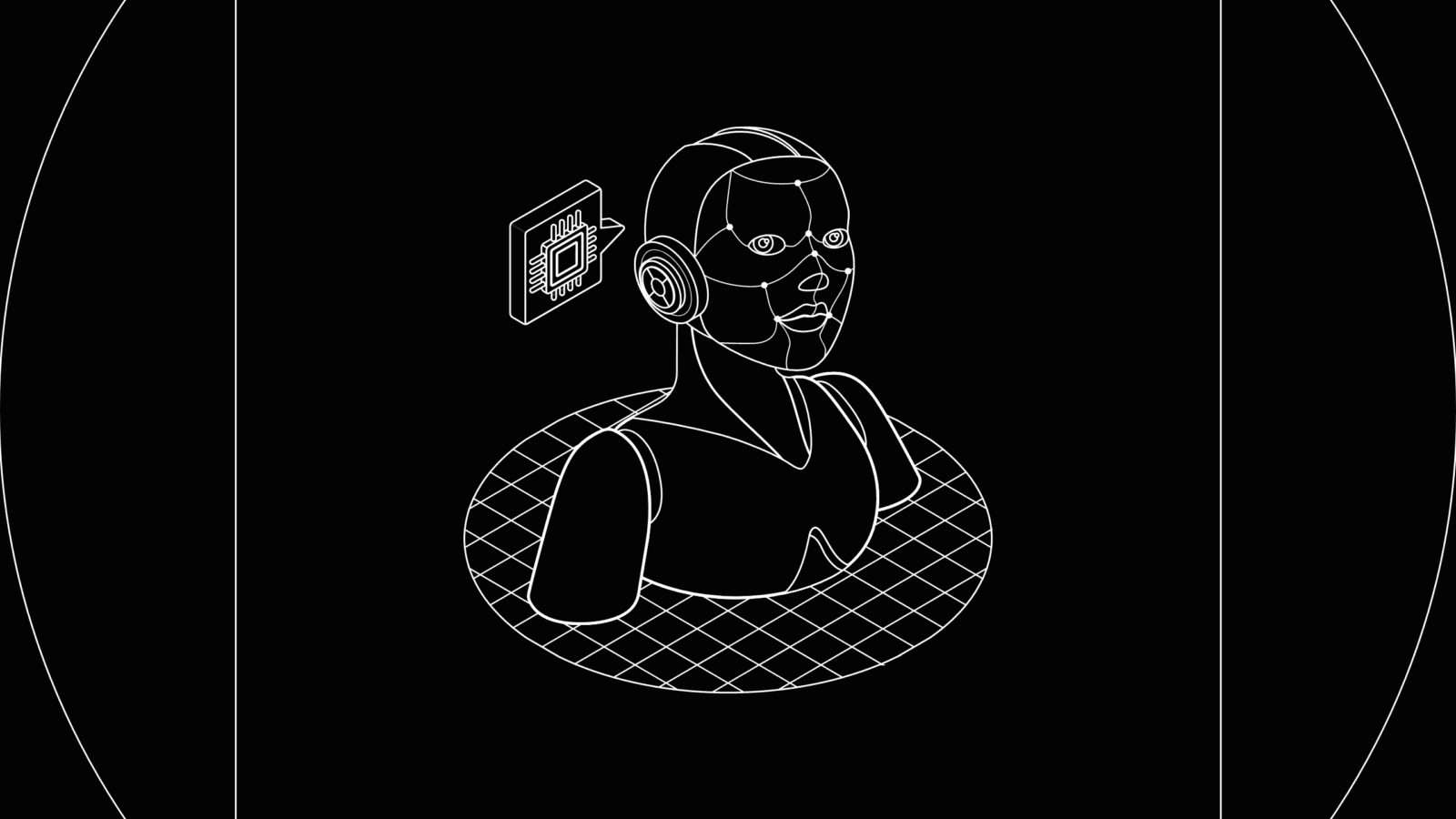 Fundo preto com um robo desenhado em linhas brancas.