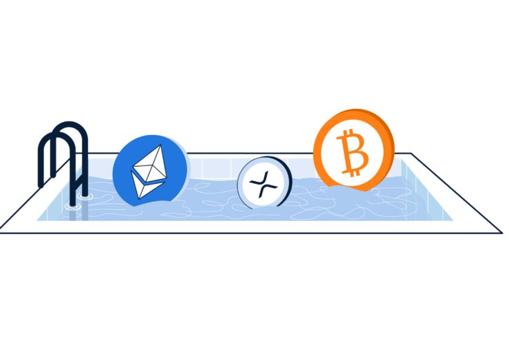 fundo branco com uma piscina ao centro com água azul e moedas dentro