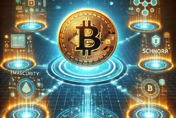 Ilustração digital representando a atualização Taproot no Bitcoin. No centro, o símbolo do Bitcoin brilha, cercado por cadeias de blocos interconectadas, simbolizando maior eficiência e privacidade nas transações. Hologramas de contratos inteligentes avançados e assinaturas digitais Schnorr aparecem ao redor, destacando a inovação da Taproot. O fundo futurista em tons neon de azul e laranja enfatiza segurança, escalabilidade e evolução da rede Bitcoin.