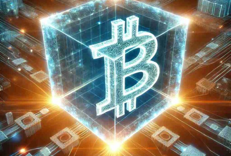 Ilustração digital conceitual representando o Bloco Gênesis do Bitcoin. No centro, um bloco brilhante exibe o símbolo do Bitcoin, simbolizando o primeiro bloco da rede. Linhas luminosas e conexões digitais se expandem a partir dele, formando uma cadeia de blocos interligados que representam a estrutura da blockchain. O fundo futurista com tons neon de azul e laranja destaca inovação, descentralização e o início do Bitcoin.