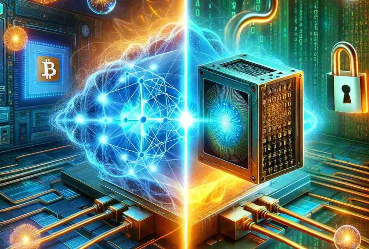 Ilustração digital representando o impacto da computação quântica nas criptomoedas. À esquerda, um computador quântico brilhante processa fluxos de dados avançados, simbolizando seu poder de processamento. À direita, uma blockchain protegida por criptografia, com cadeados digitais e códigos binários, representa a segurança das criptomoedas. No centro, um campo de energia divide os dois conceitos, destacando o embate entre segurança criptográfica e os avanços da computação quântica. O fundo futurista em tons neon de azul, verde e laranja enfatiza inovação e tecnologia.