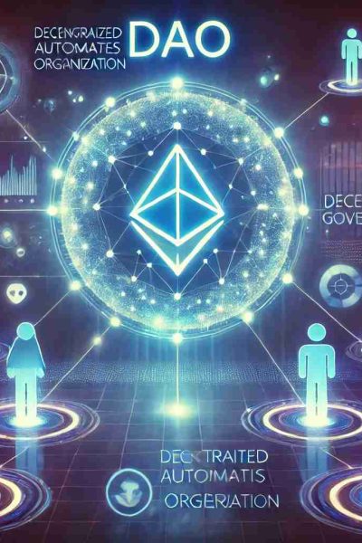 Ilustração digital representando uma DAO (Organização Autônoma Descentralizada). No centro, um holograma brilhante exibe um símbolo de governança descentralizada, destacando a tomada de decisões coletivas. Ao redor, avatares digitais interconectados simbolizam membros globais participando de votações via contratos inteligentes. Linhas digitais conectam os participantes, reforçando a transparência e a descentralização. O fundo futurista em tons neon de azul e roxo transmite inovação, colaboração e autonomia nas organizações descentralizadas.