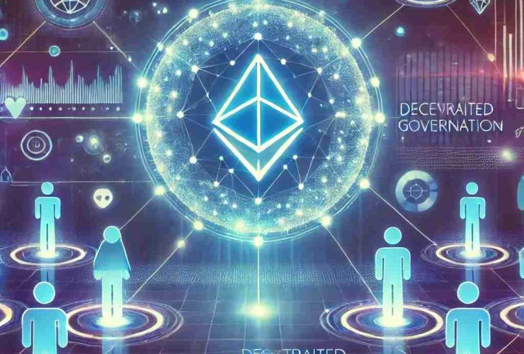 Ilustração digital representando uma DAO (Organização Autônoma Descentralizada). No centro, um holograma brilhante exibe um símbolo de governança descentralizada, destacando a tomada de decisões coletivas. Ao redor, avatares digitais interconectados simbolizam membros globais participando de votações via contratos inteligentes. Linhas digitais conectam os participantes, reforçando a transparência e a descentralização. O fundo futurista em tons neon de azul e roxo transmite inovação, colaboração e autonomia nas organizações descentralizadas.