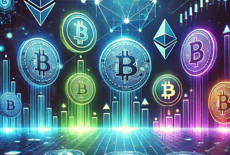 "Imagem de capa dinâmica e futurista para o blog post 'Melhores Criptomoedas para Investir'. O fundo escuro, em tons de preto e azul, apresenta efeitos de luz neon em azul, verde e roxo, remetendo à tecnologia blockchain e ao universo digital. Ícones estilizados de criptomoedas como Bitcoin (BTC), Ethereum (ETH), Binance Coin (BNB) e Solana (SOL) flutuam no espaço. Elementos gráficos de crescimento, como gráficos 3D ascendentes e moedas brilhantes, reforçam o conceito de investimento. No centro, o título 'Melhores Criptomoedas para Investir' aparece em uma fonte futurista luminosa, acompanhado de uma frase de impacto. O design moderno destaca o contraste entre o fundo escuro e os elementos luminosos, tornando a imagem ideal para redes sociais e blogs sobre criptomoedas e investimentos digitais.