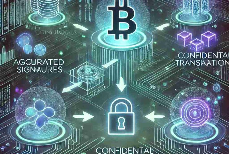 Ilustração digital representando o protocolo Mimblewimble na blockchain. No centro, um fluxo de transações criptografadas se move por um caminho protegido, simbolizando privacidade e segurança. Hologramas e circuitos digitais interligados representam conceitos como assinaturas agregadas, transações confidenciais e CoinJoin. O fundo tecnológico com tons neon de azul, verde e roxo reforça inovação e anonimato nas transações de criptomoedas.