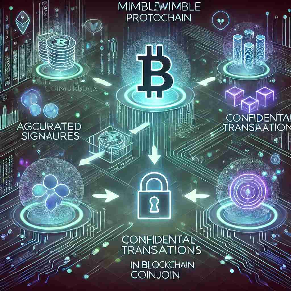 Ilustração digital representando o protocolo Mimblewimble na blockchain. No centro, um fluxo de transações criptografadas se move por um caminho protegido, simbolizando privacidade e segurança. Hologramas e circuitos digitais interligados representam conceitos como assinaturas agregadas, transações confidenciais e CoinJoin. O fundo tecnológico com tons neon de azul, verde e roxo reforça inovação e anonimato nas transações de criptomoedas.