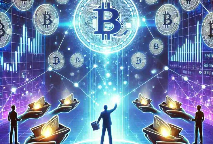 Ilustração digital futurista representando airdrops no mercado cripto. No centro, um ícone de criptomoeda brilhante emite luz enquanto tokens digitais caem do céu, simbolizando a distribuição gratuita para investidores. Usuários seguram carteiras digitais abertas, prontos para receber os tokens. Linhas de conexão e gráficos financeiros ilustram a crescente adoção dos airdrops como uma forma de entrada no mercado de criptomoedas. O fundo apresenta um estilo tecnológico com tons neon de azul e roxo, transmitindo inovação e acessibilidade.