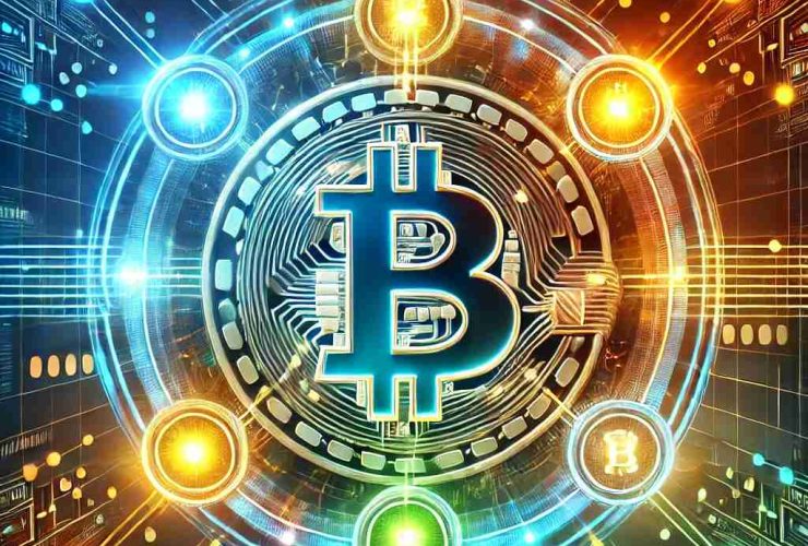 Ilustração digital representando o Protocolo RGB no Bitcoin. No centro, o símbolo do Bitcoin brilha com camadas de luz coloridas ao redor, simbolizando a tokenização de ativos na blockchain do Bitcoin. Linhas digitais interligam diferentes elementos, representando contratos inteligentes e a transferência de ativos RGB. O fundo futurista em tons neon de azul, laranja e verde destaca inovação e a expansão do ecossistema Bitcoin.