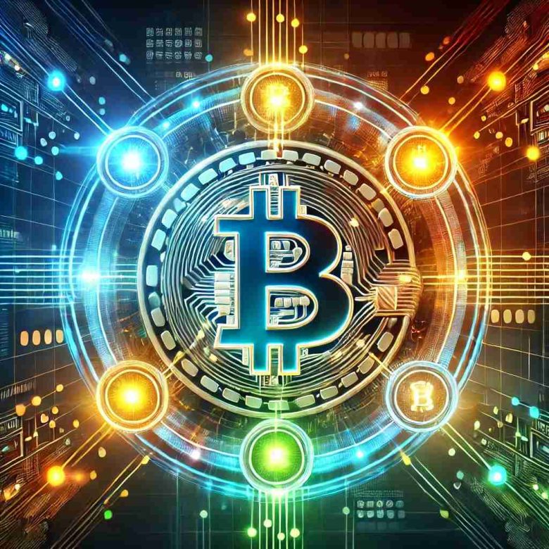 Ilustração digital representando o Protocolo RGB no Bitcoin. No centro, o símbolo do Bitcoin brilha com camadas de luz coloridas ao redor, simbolizando a tokenização de ativos na blockchain do Bitcoin. Linhas digitais interligam diferentes elementos, representando contratos inteligentes e a transferência de ativos RGB. O fundo futurista em tons neon de azul, laranja e verde destaca inovação e a expansão do ecossistema Bitcoin.