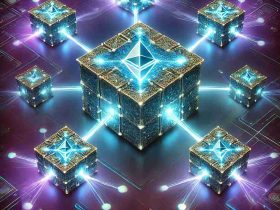 Ilustração digital representando o conceito de sharding na blockchain. No centro, uma grande rede blockchain se divide em segmentos menores e interconectados, simbolizando a fragmentação da rede para melhorar escalabilidade e eficiência. Cada shard contém nós conectados e fluxos de dados ativos, destacando a descentralização e o processamento paralelo de transações. O fundo apresenta um design tecnológico em tons neon de azul e roxo, enfatizando inovação e otimização do desempenho da blockchain.