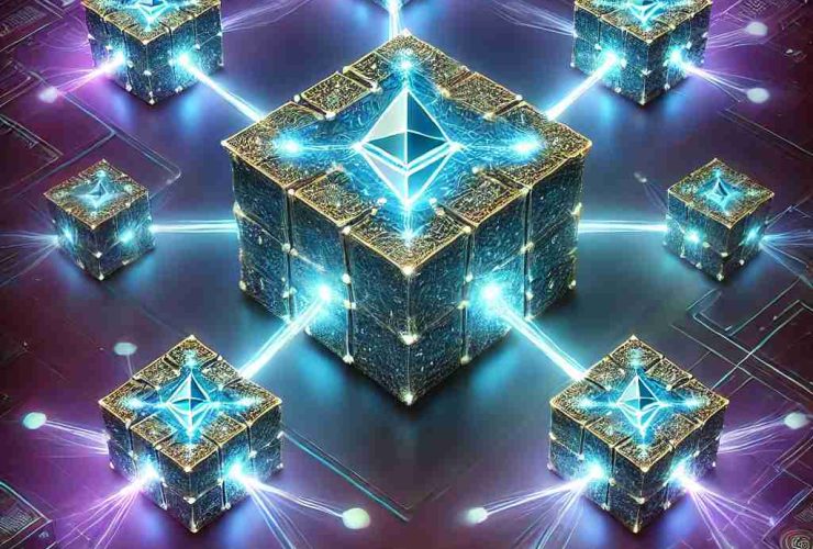 Ilustração digital representando o conceito de sharding na blockchain. No centro, uma grande rede blockchain se divide em segmentos menores e interconectados, simbolizando a fragmentação da rede para melhorar escalabilidade e eficiência. Cada shard contém nós conectados e fluxos de dados ativos, destacando a descentralização e o processamento paralelo de transações. O fundo apresenta um design tecnológico em tons neon de azul e roxo, enfatizando inovação e otimização do desempenho da blockchain.