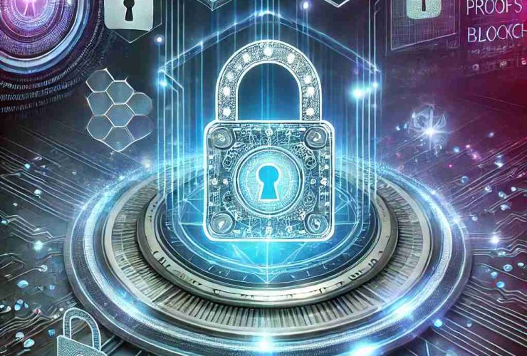 Ilustração digital representando o conceito de Zero-Knowledge Proofs na blockchain. No centro, um holograma brilhante exibe uma verificação criptográfica segura, simbolizando a prova sem revelar informações sensíveis. Elementos visuais como cadeados, chaves digitais e fluxos de dados criptografados destacam a privacidade e a validação segura. O fundo futurista em tons neon de azul e roxo enfatiza segurança, anonimato e inovação na verificação de informações.