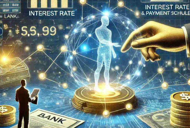 Ilustração conceitual representando o funcionamento de um empréstimo. No centro, uma figura simbólica recebe dinheiro de um banco digital, com um contrato financeiro holográfico sendo assinado. Ao fundo, fluxos de dinheiro digital conectam instituições financeiras, destacando o processo de empréstimo e pagamento. Hologramas exibem gráficos de taxas de juros e prazos de pagamento, ilustrando os principais fatores de um empréstimo. A paleta de cores transmite confiança e estabilidade financeira, com tons de azul e dourado.