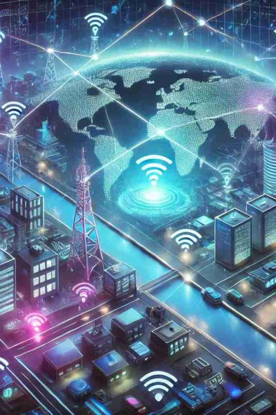 Ilustração futurista representando o conceito de DePIN (Decentralized Physical Infrastructure Network). A imagem mostra uma cidade inteligente conectada por uma rede descentralizada, com sensores IoT, torres de telecomunicação e dispositivos físicos interligados por meio de blockchain. Linhas luminosas representam as conexões seguras e descentralizadas. No centro, um holograma digital exibe um mapa global descentralizado, destacando a interconexão da infraestrutura física. O fundo escuro e os tons neon de azul e roxo transmitem inovação e tecnologia avançada.