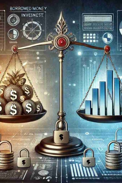 Ilustração conceitual representando a decisão de tomar um empréstimo para investir. No centro, uma balança simbólica equilibra dois lados: de um lado, dinheiro emprestado fluindo para investimentos, com gráficos ascendentes e ativos financeiros; do outro, o peso dos juros e do risco financeiro, simbolizado por cadeados, dívidas e gráficos de queda. Ao fundo, um ambiente moderno de fintech com elementos digitais, como contratos financeiros e análises de mercado.