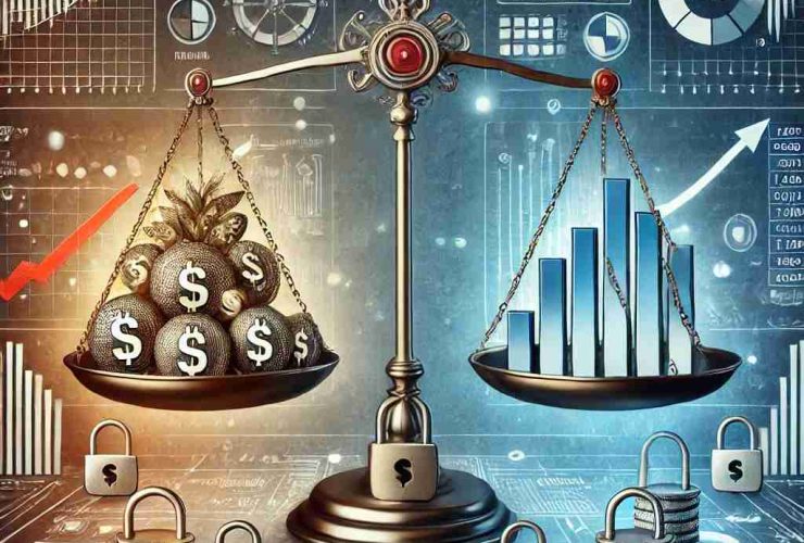Ilustração conceitual representando a decisão de tomar um empréstimo para investir. No centro, uma balança simbólica equilibra dois lados: de um lado, dinheiro emprestado fluindo para investimentos, com gráficos ascendentes e ativos financeiros; do outro, o peso dos juros e do risco financeiro, simbolizado por cadeados, dívidas e gráficos de queda. Ao fundo, um ambiente moderno de fintech com elementos digitais, como contratos financeiros e análises de mercado.