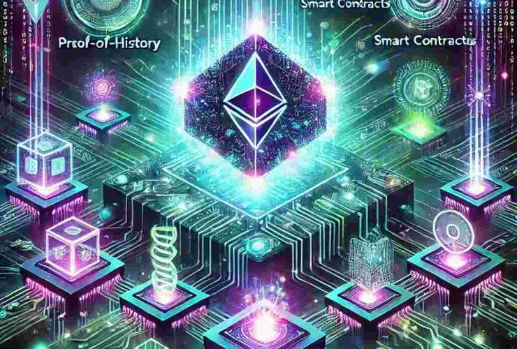 Ao centro o símbolo da solana em lilás, conectado a diversos icones.