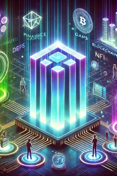 Símbolos da solana e bitcoin ligados. Ao centro dApps diversos.