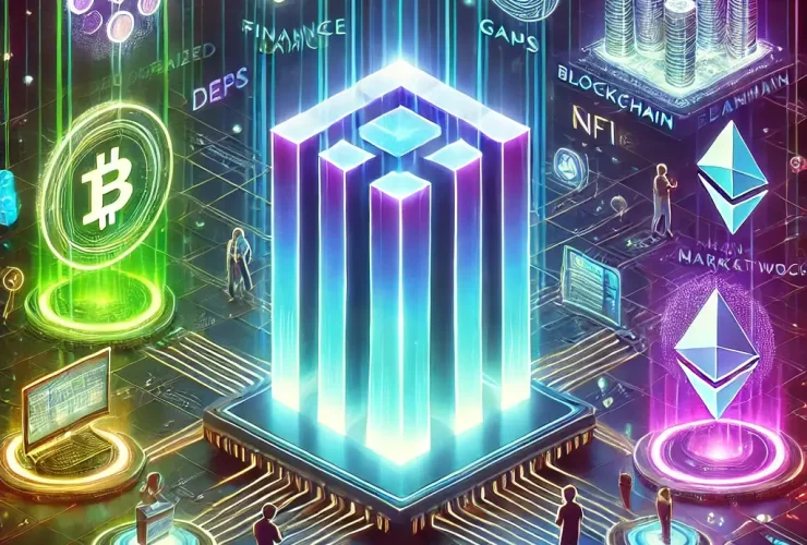 Símbolos da solana e bitcoin ligados. Ao centro dApps diversos.