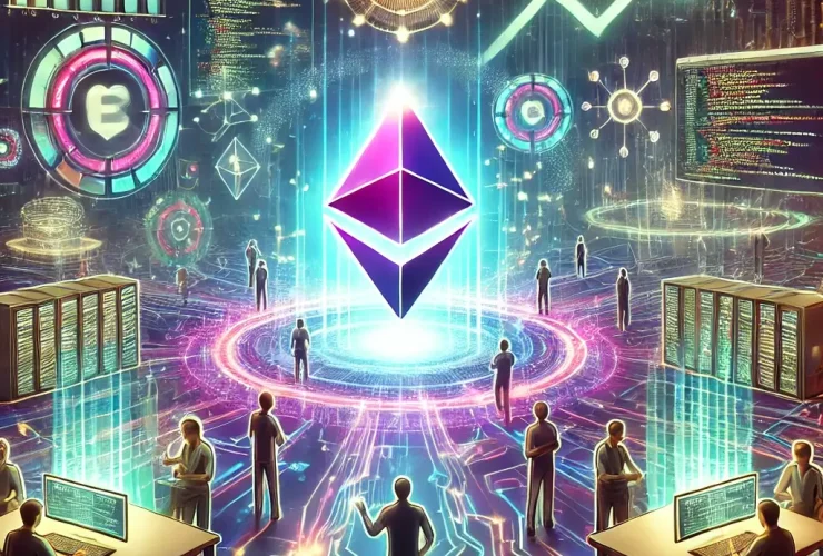 Ao centro o símbolo da solana supenso. Ao redor diversas pessoas simbolizando desenvolvedores. A imagem está em escala de lilás e azul.