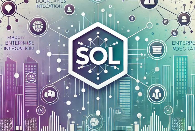 Imagem em escala de lilás e azul. Ao centro a cripto Solana conectada ao redor a símbolos diversos.