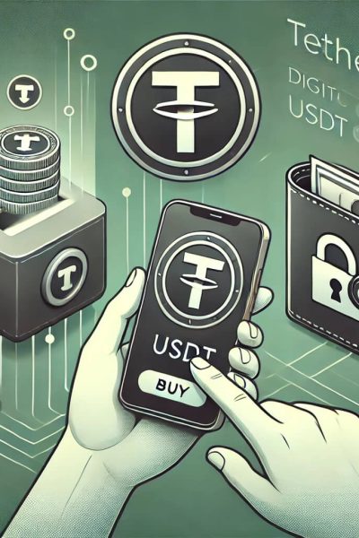 Imagem com escala em verdade. Ao centro uma mão segura um celular simulando a compra da criptomoeda Tether.