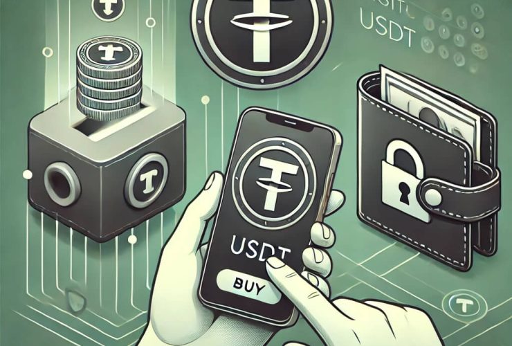 Imagem com escala em verdade. Ao centro uma mão segura um celular simulando a compra da criptomoeda Tether.